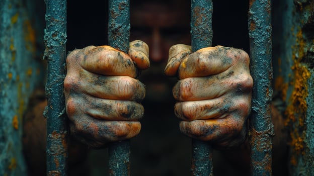 Hands gripping rusted prison bars suggesting confinement and despair in a dark cell with a sense of isolation and fear photo