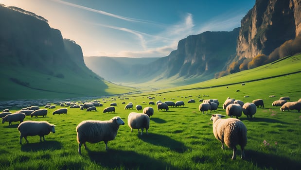Sheep Grazing in Green Valley Surrounded by Mountains on Sunny Day photo