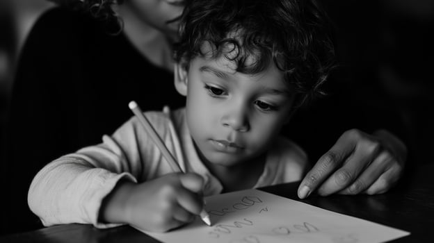 Child engaged in drawing while being guided by an adult in a cozy indoor setting photo