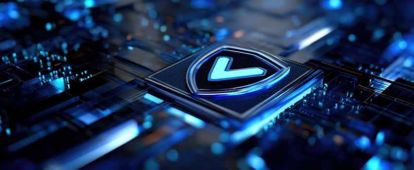 The blue illuminated logo on a futuristic digital circuit background. photo