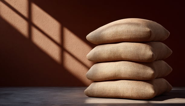 Grain bags stacked in sunlit warehouse industrial setting still life photography photo