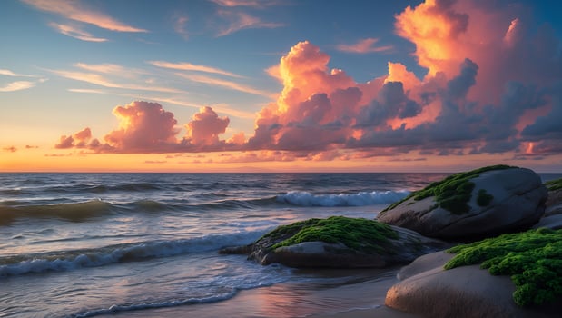 Seascape at Sunset with Mossy Rocks and Dramatic Cloud Formations photo
