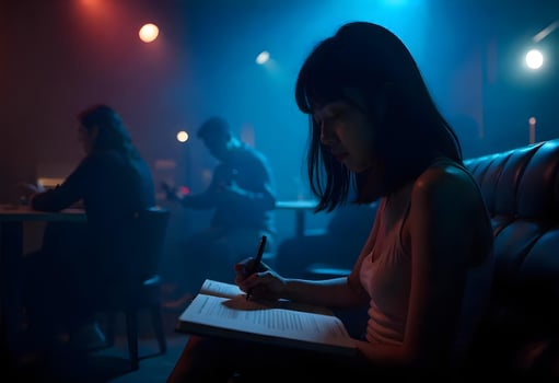 A woman sitting on a couch writing in a book photo