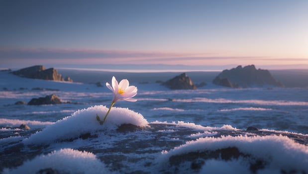Flower Growing Through Snow at Sunset Over Snowy Landscape photo