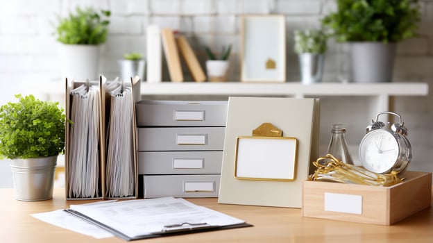 Organized workspace with files, decorative plants, and office supplies in a bright room photo