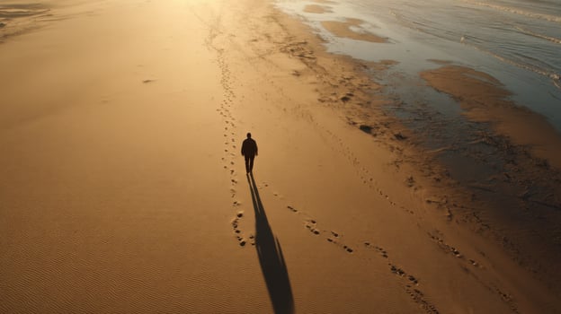 A solitary figure walks along a pristine beach at sunset, leaving footprints in the golden sand. The tranquil ocean waves gently c photo
