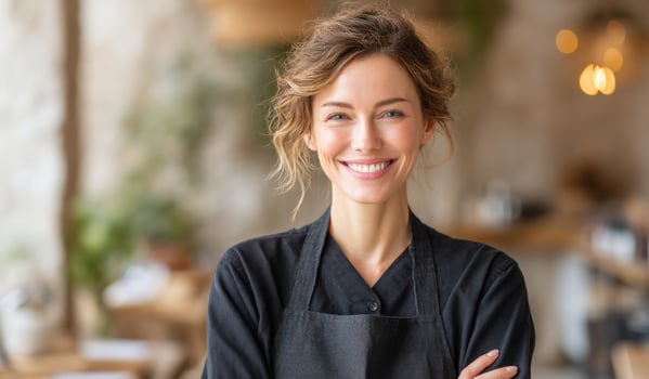 Portrait of a Smiling Woman Business Owner in a Cafe Setting. Happy, Confident Female Entrepreneur. Excellent Customer Service. C photo