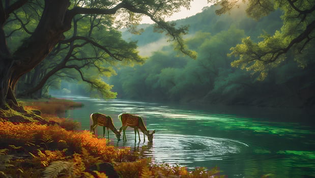 Deer Drinking Water From River in Lush Green Forest Scenery photo