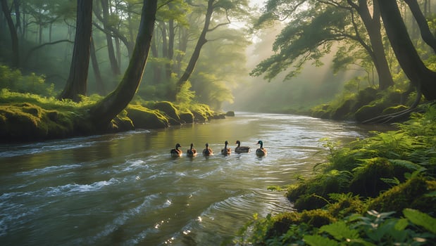 Ducks Swim Down River Surrounded by Lush Green Forest Trees photo