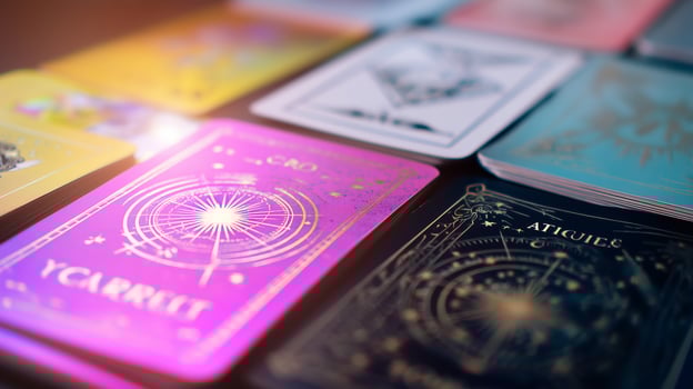 Colorful tarot cards laid out on a wooden table during a mystical evening gathering in a cozy room photo