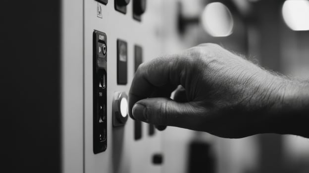 A Shot of a Hand Pressing a Button on an Industrial Control Panel. The image is in black and white, emphasizing the textures and photo