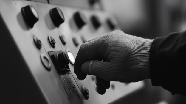 A workers hand operates an industrial machines control panel. The monochrome image emphasizes the textures and details of the mach photo