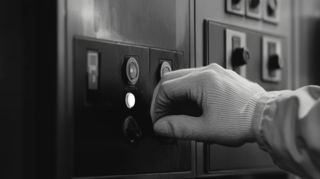 of a hand in glove operating an industrial machine control panel. The monochrome image emphasizes the intricate details of the mac photo