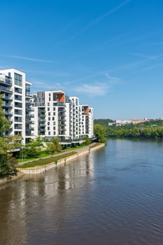 Prague, Czech republic - September 20, 2024. Marina Island apartment buildings, Holesovice district. photo