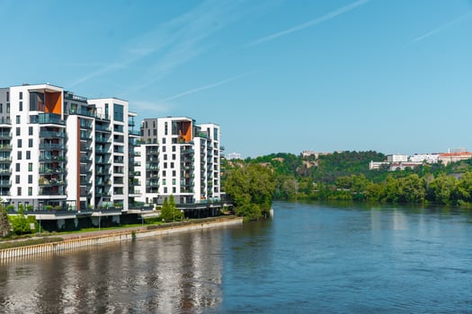 Prague, Czech republic - September 20, 2024. Marina Island apartment buildings, Holesovice district photo