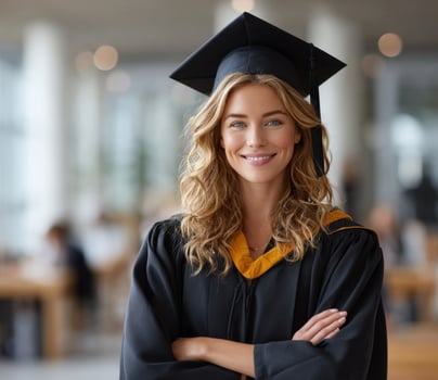 Portrait of a Happy Graduate Woman Celebrating her Academic Success. A Confident Young Adult in Graduation Gown and Cap, Smiling w photo