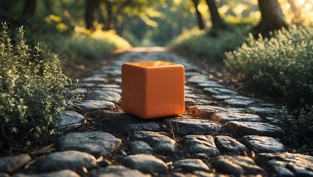 Orange Cube on Cobblestone Path in Forest During Golden Hour photo