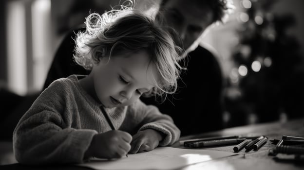 Child enjoying creative time, drawing with colored pencils while adult observes in warm home setting during afternoon light photo
