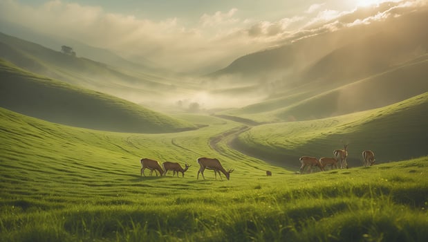 Deer Grazing in Green Hills Under Misty Morning Light Scenery photo