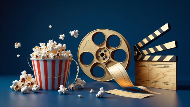 Classic film setup featuring popcorn, a vintage film reel, and a clapperboard on a blue backdrop with a cinematic atmosphere photo