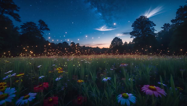 Colorful Wildflower Meadow at Dusk with Starry Sky Above photo