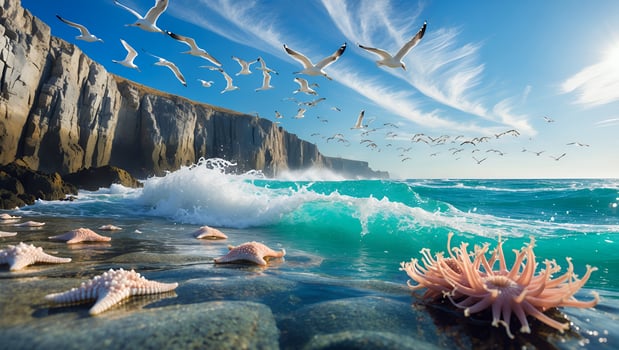 Seagulls Flying Over Ocean Waves Crashing Onto Beach with Starfish photo