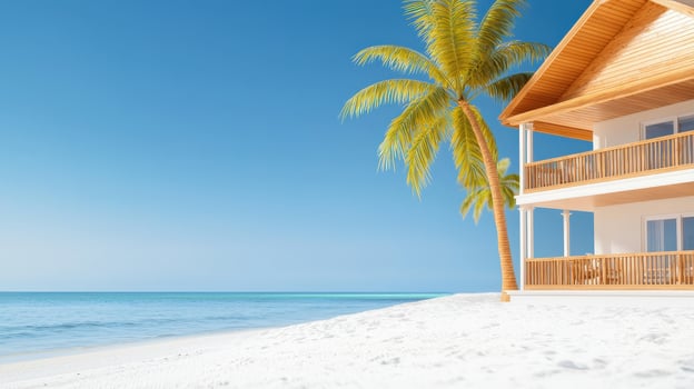 A beach house with palm trees and a blue sky photo