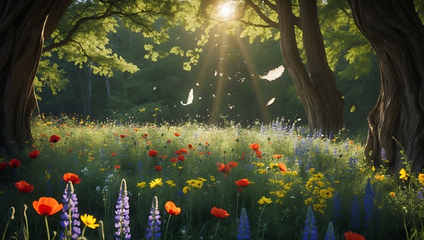 Sunlight Through Forest Canopy Illuminating Meadow with Wildflowers and Feathers photo