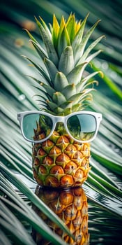 Playful Pineapple Wearing Sunglasses Surrounded by Lush Tropical Leaves in a Fun Summer Vibe photo