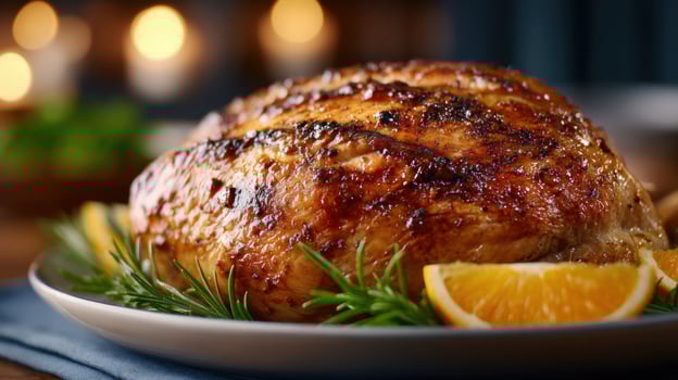 Roasted Turkey Breast with Orange and Rosemary A Festive Culinary Delight. This mouthwatering image showcases a perfectly roasted photo