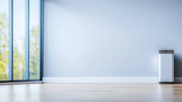 A white air purifier in an empty room photo