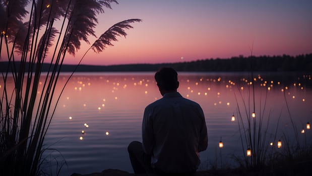 Man Sits by Lake at Dusk Contemplating Tranquil Lit Water photo