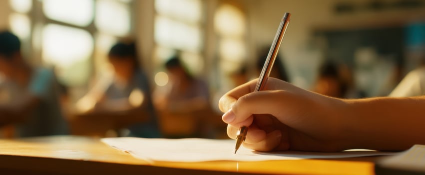 The student writing with a pen during a focused classroom setting. photo