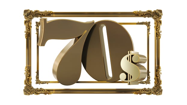 golden seventy dollars on a golden baroque frame isolated on white background, 3D render photo