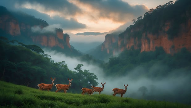 Deer Herd Grazing in Misty Valley at Sunrise with Dramatic Cliffs photo