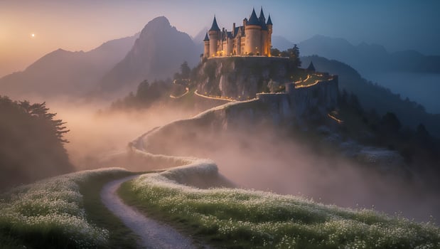 Castle on Hilltop Overlooking Foggy Path with Mountain Landscape photo