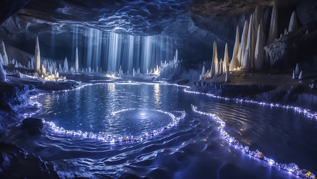 Illuminated Cave Pool with Stalactites and Light Rays Streaming Down photo