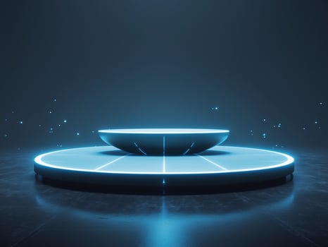 Futuristic Glowing Round Podium Stage with Neon Light, for Product Showcase and Presentation photo