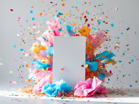 A blank card surrounded by confetti and colorful tissue paper photo