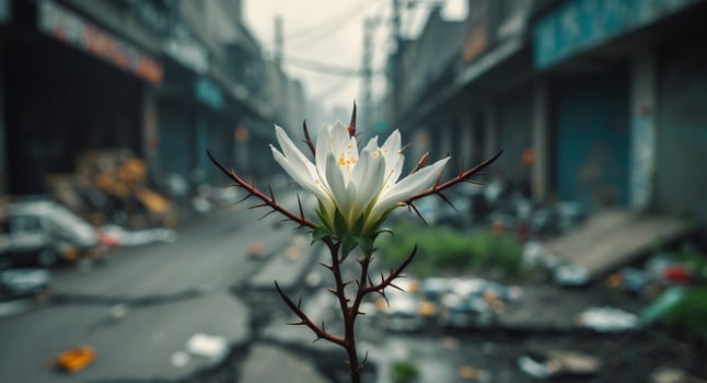 A white flower is standing in the middle of a city street photo