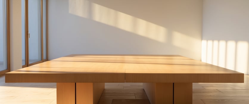 A wooden table in a room with sunlight shining on it photo