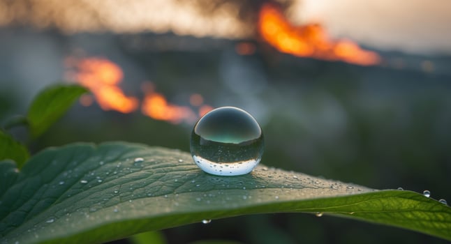 Crystal Ball on Leaf Reflecting Flames. A Juxtaposition of Nature and Destruction. photo