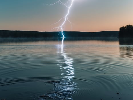Lightning Strikes Over Still Lake Water, Reflecting in Calm Surface, Evening Sky Above. photo