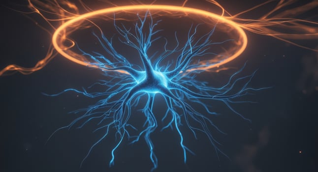 An image of a neuron with glowing blue and orange photo