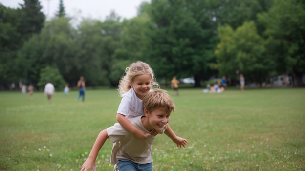 Children play joyfully in the park during a cloudy afternoon, laughing and enjoying their carefree moments together photo