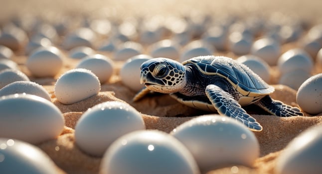 Sea Turtle Hatchling Crawling Among Eggs, a Newborn Adventure on the Sandy Beach. photo
