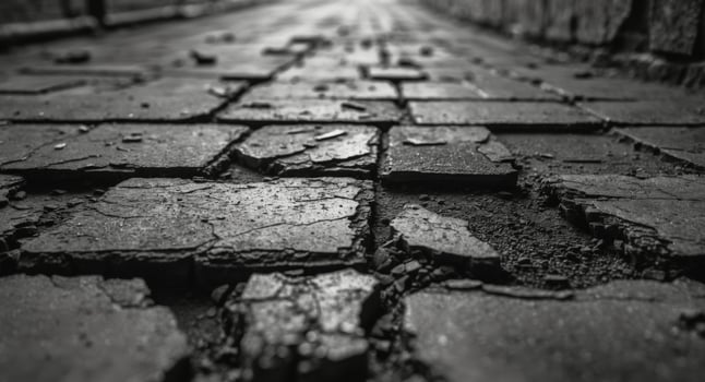 Black and white photo of a brick road