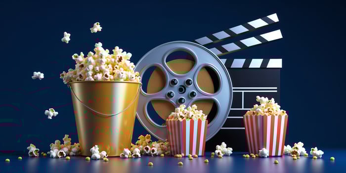 Movie night setup with popcorn, film reel, and clapperboard against a blue background photo