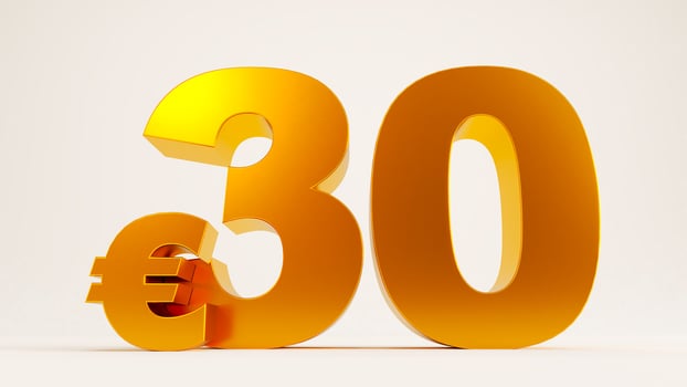 3D render of golden thirty euros isolated on white background photo