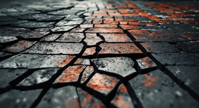 Broken Brick Path. A Textured Landscape of Cracks, Gaps, and Imperfect Beauty. photo